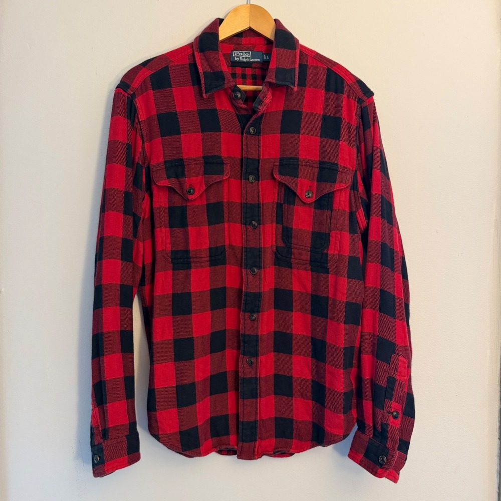 Polo Ralph Lauren Mens Buffalo Plaid Flannel Shirt Red Black Large RLCO Mountain